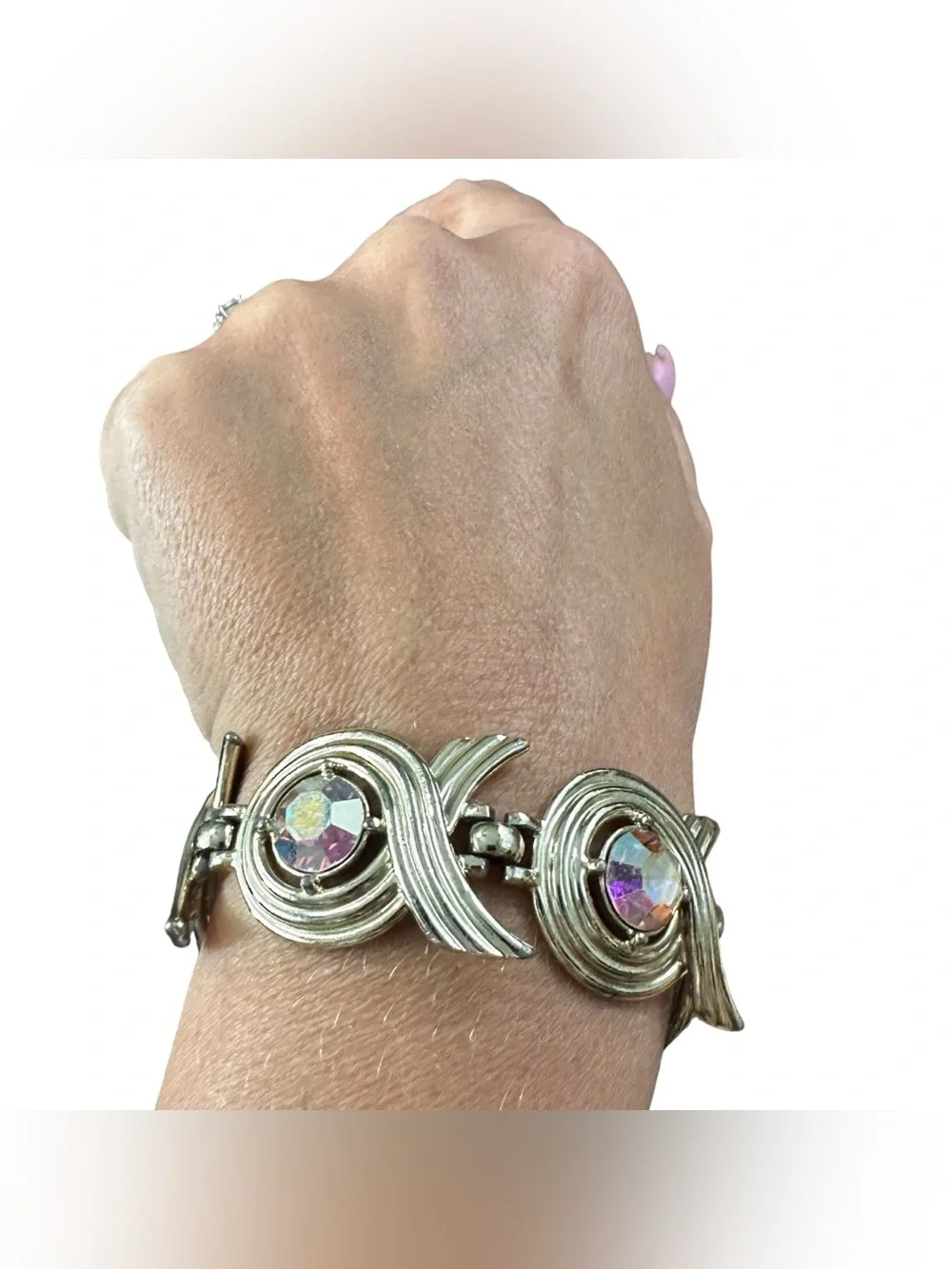 Vintage Sarah Coventry Gold Tone AB Rhinestone Swirl Link Bracelet Signed